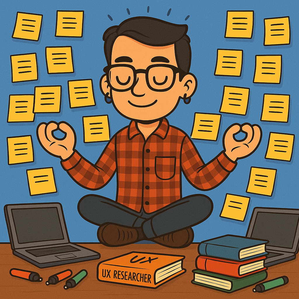A cartoon-style digital illustration of Noah meditating cross-legged on a wooden floor, surrounded by sticky notes, books, markers, and a laptop. He wears glasses, a plaid shirt, and black hoop earrings, with a calm expression against a clean blue background.